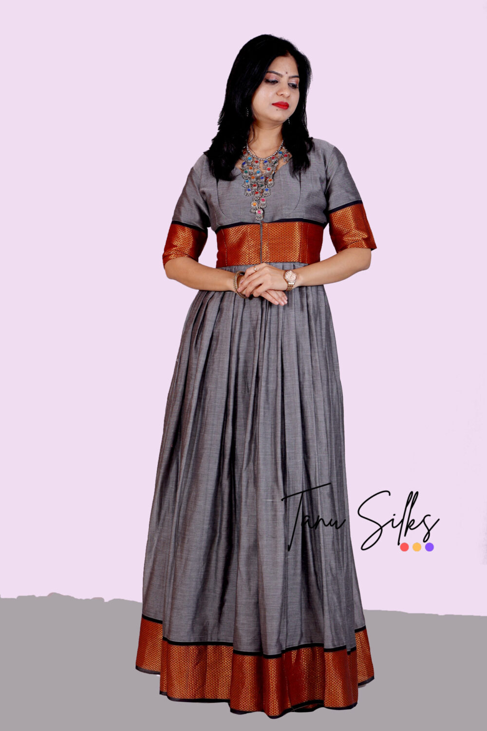 Women Ethnic Grey and Redwine Cotton Gowns