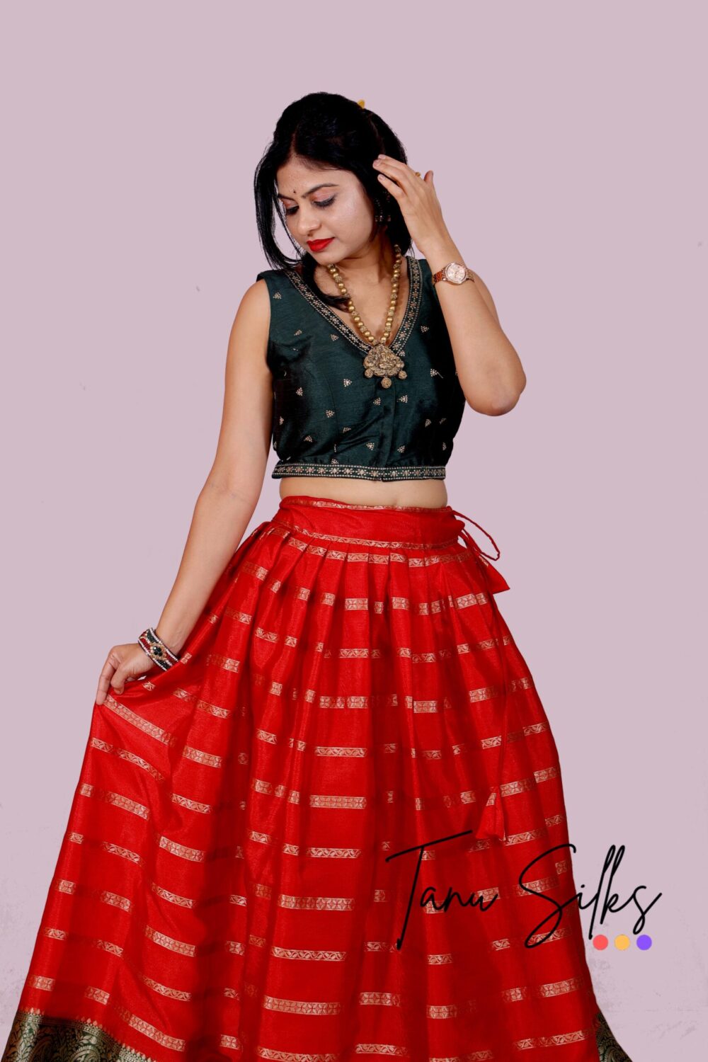 Cotton silk maroon Lava Red and Dark green