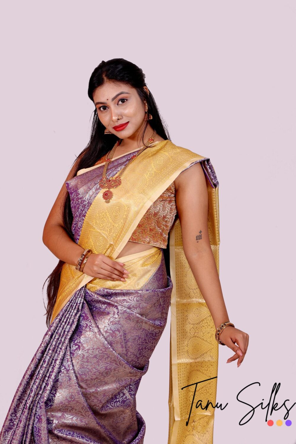 Banarasi tissue soft silk saree Rosy brown with Yellowish orange