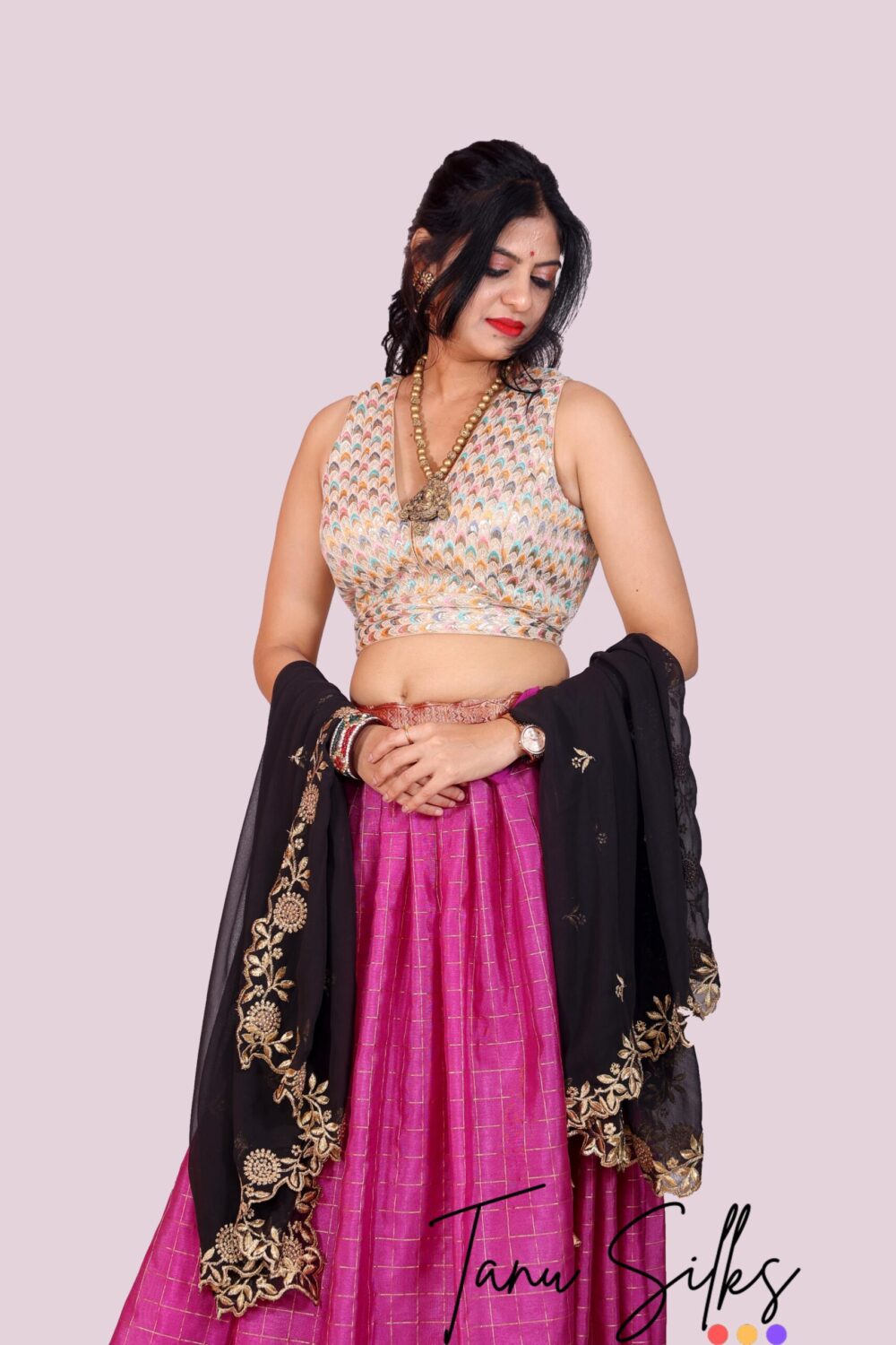 Cotton silk  Lehenga pink and Black