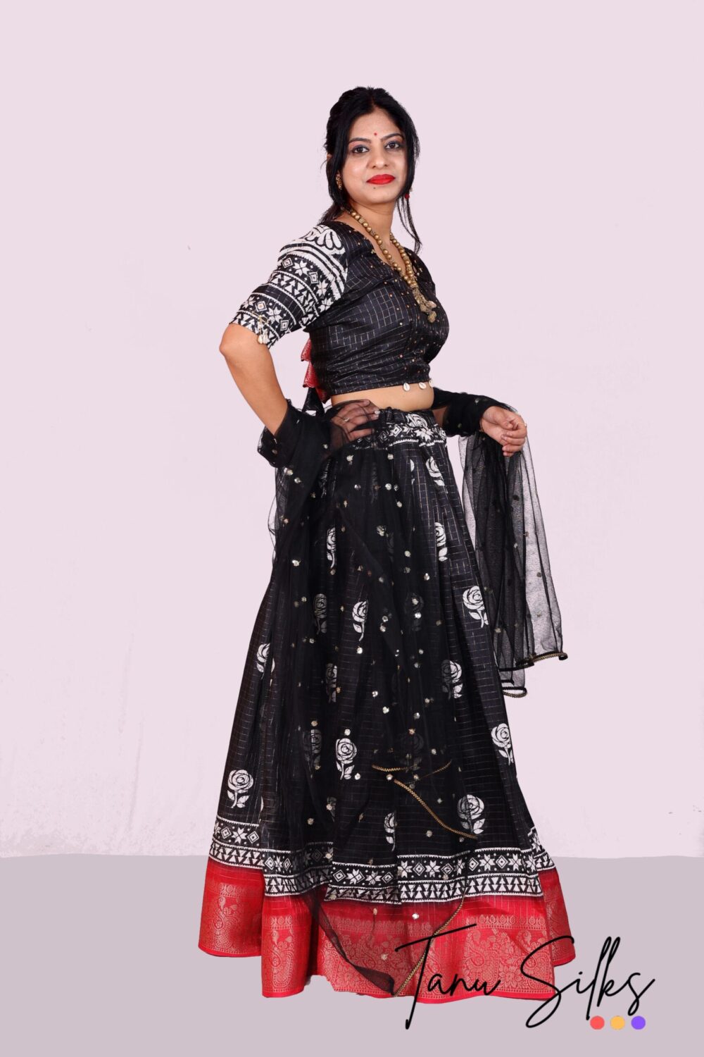 Cotton silk Black lehenga and Pinkish red