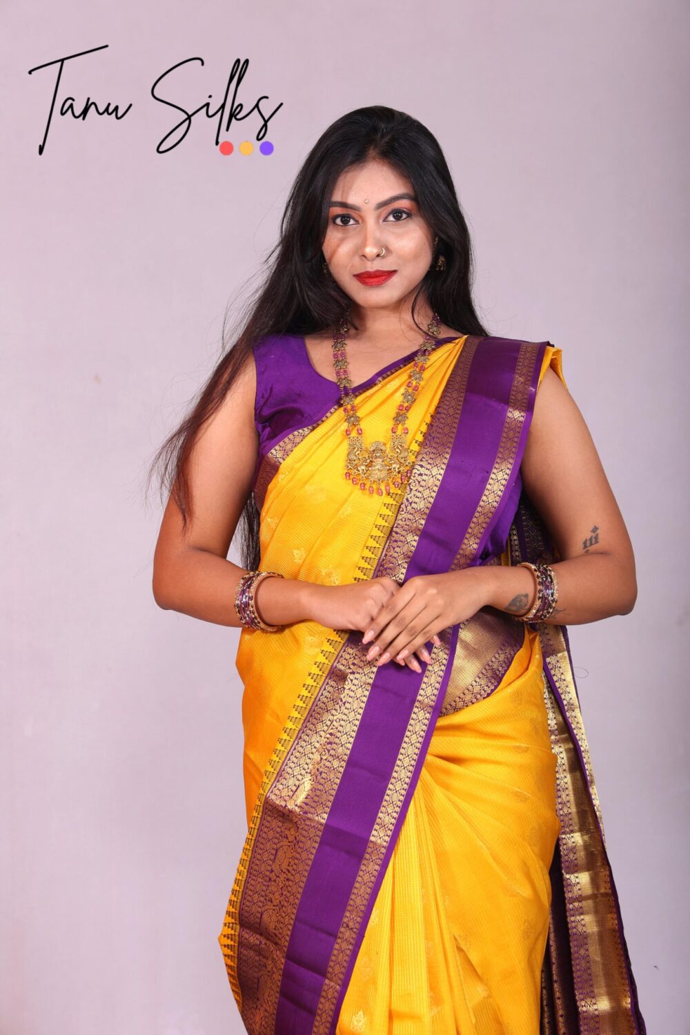 Kanchipuram Silk-Orange yellow with Purple