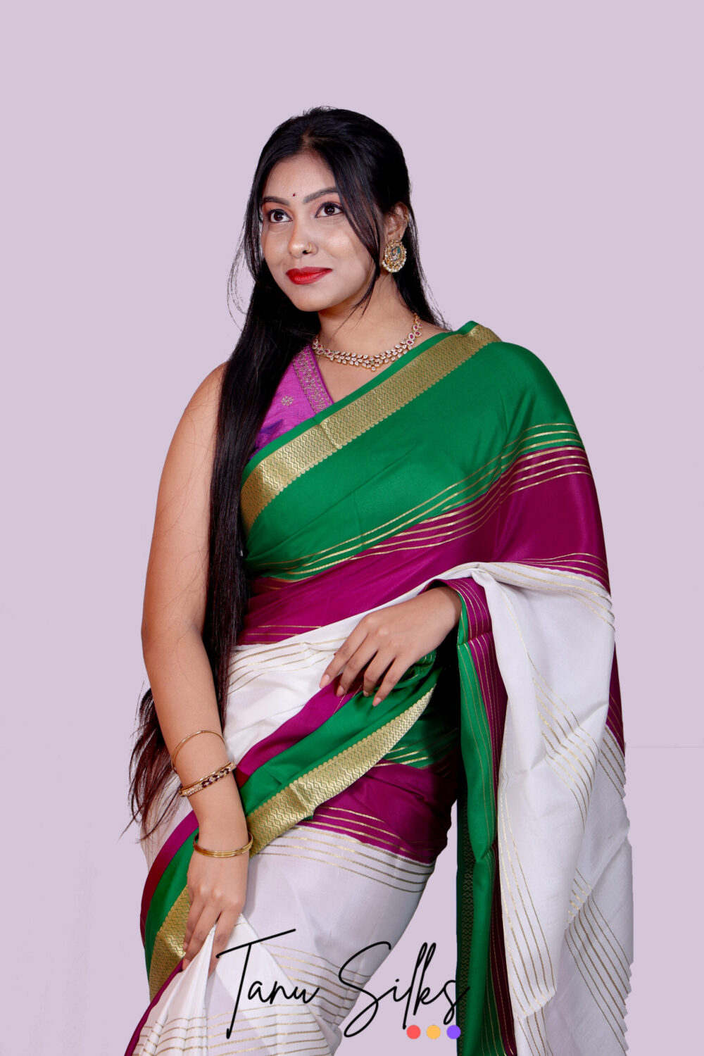 Pure Mysore silk with White green- purple