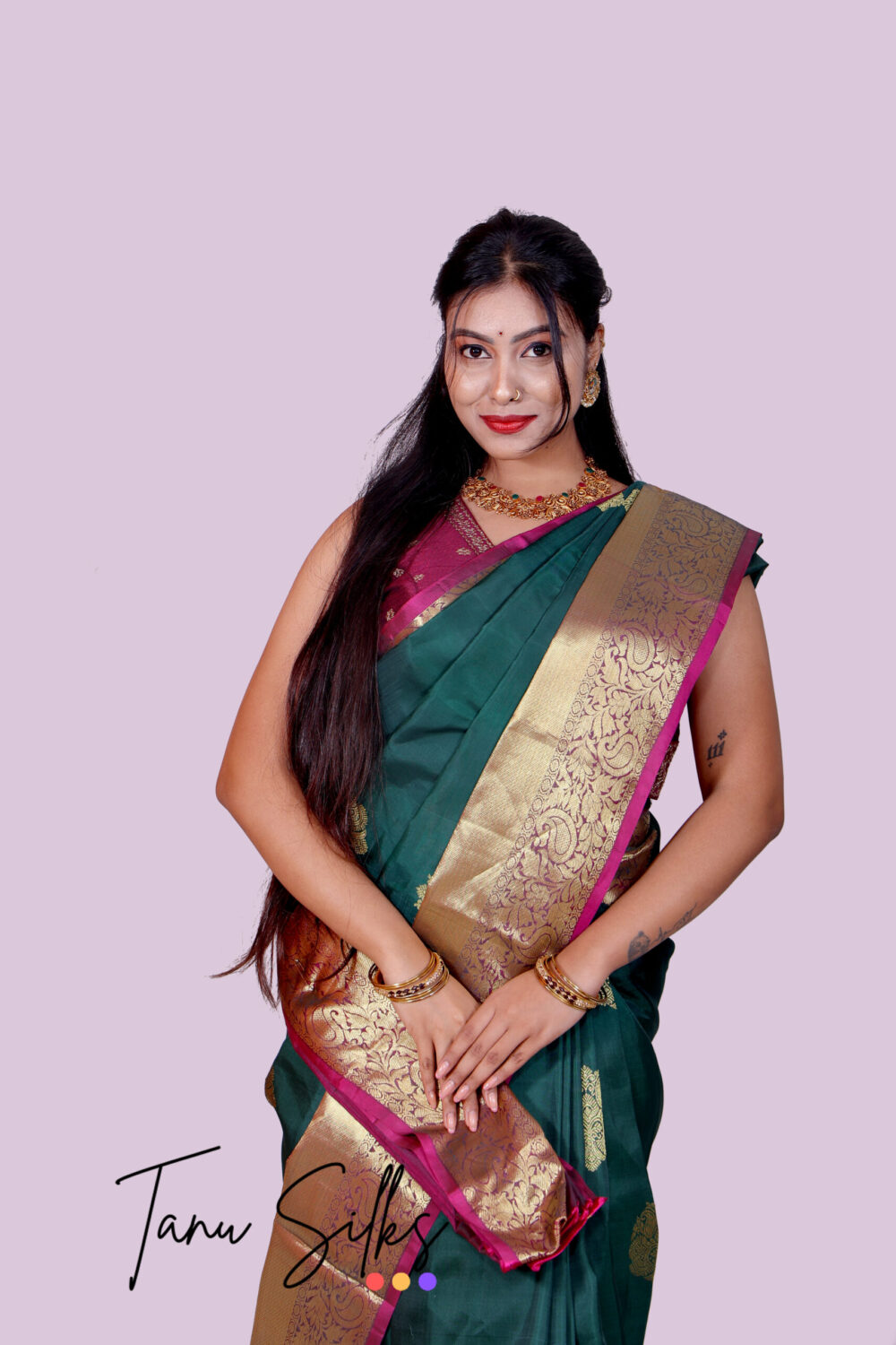 Pure kanjeevaram silk with Dark green megantha - Cherry