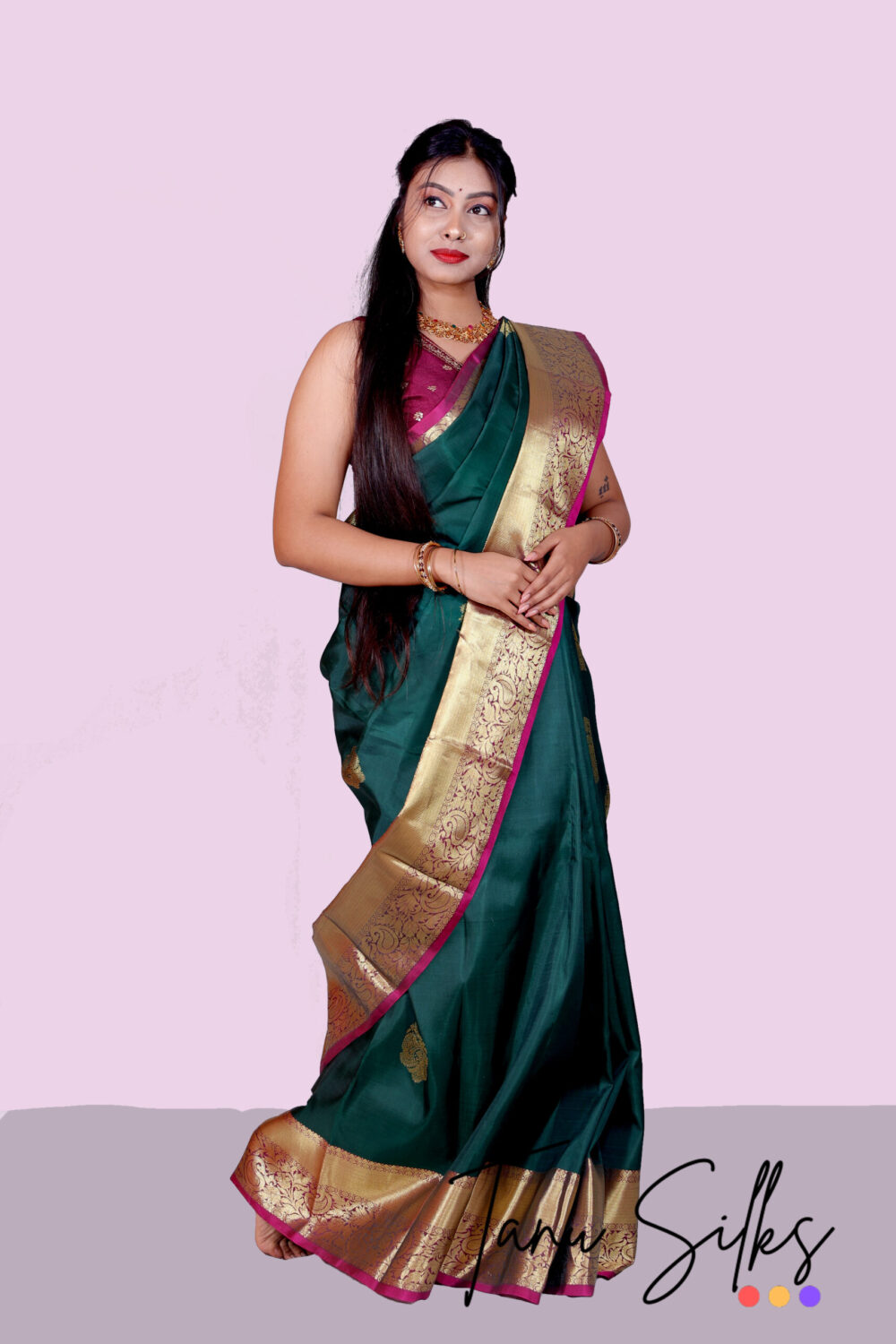 Pure kanjeevaram silk with Dark green megantha - Cherry - Image 2