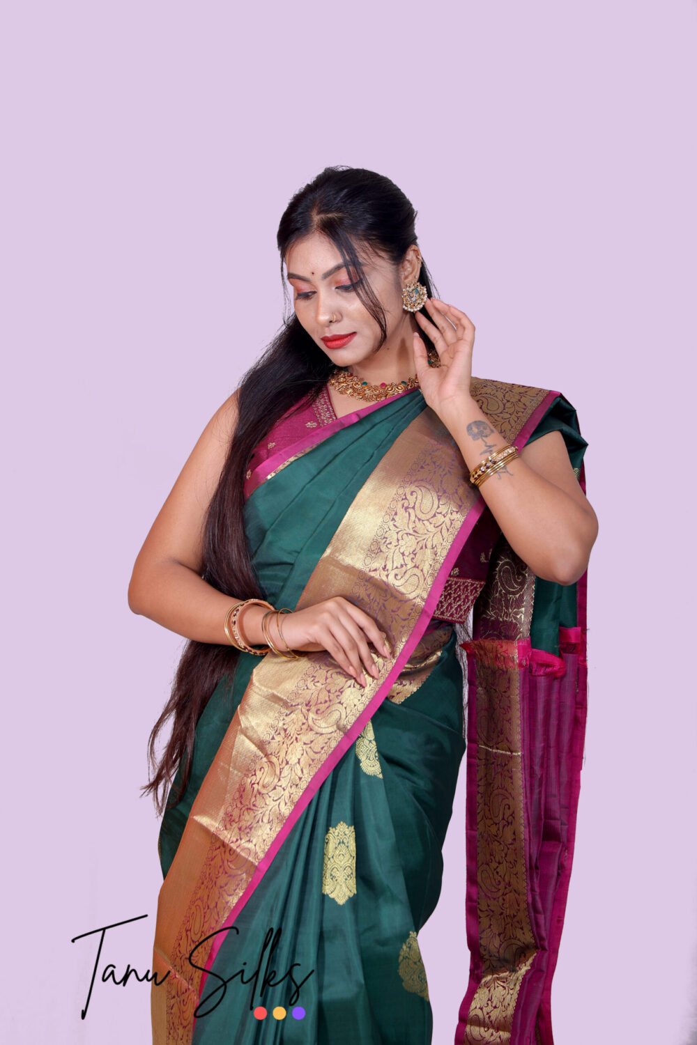 Pure kanjeevaram silk with Dark green megantha - Cherry - Image 4