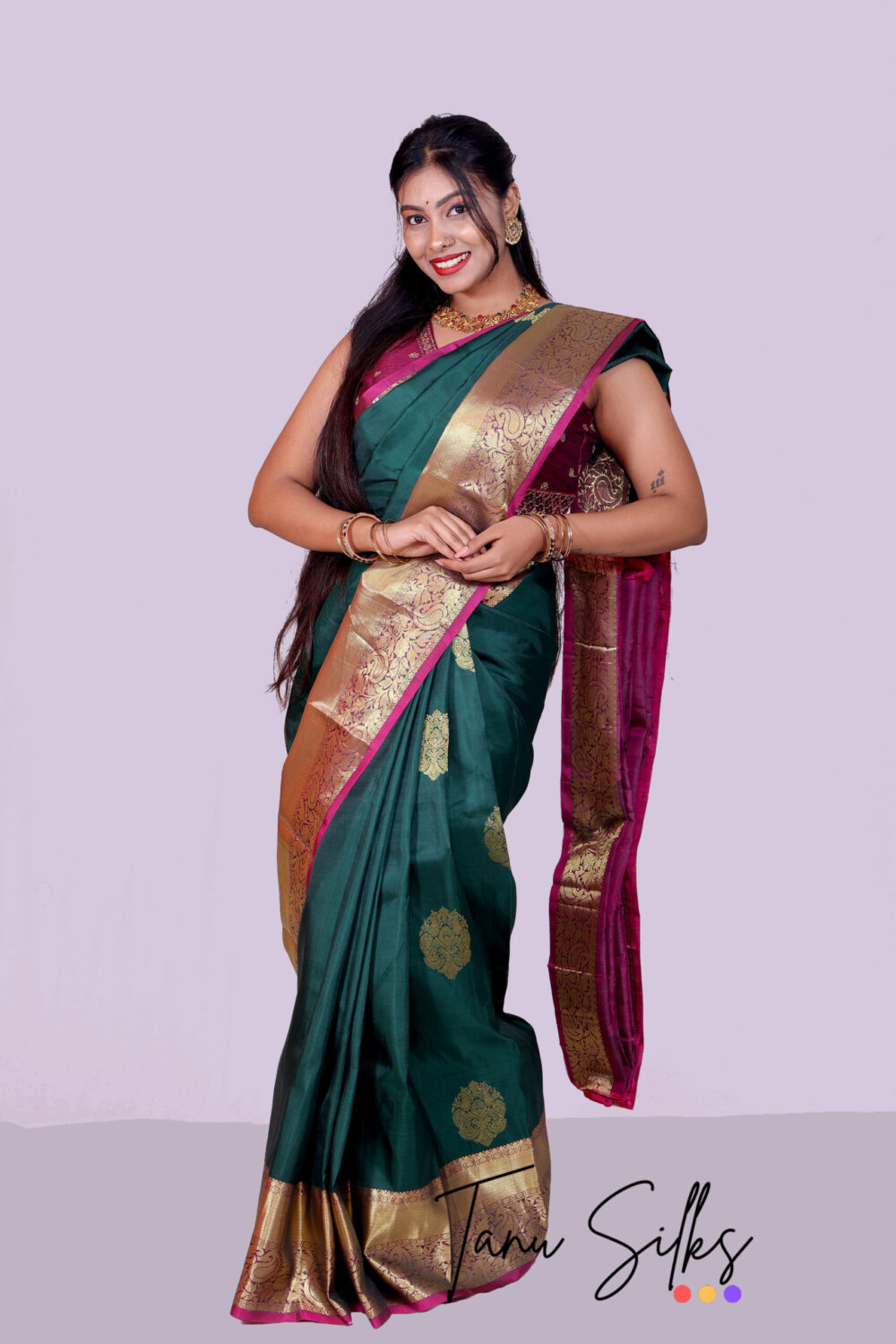 Pure kanjeevaram silk with Dark green megantha - Cherry - Image 5