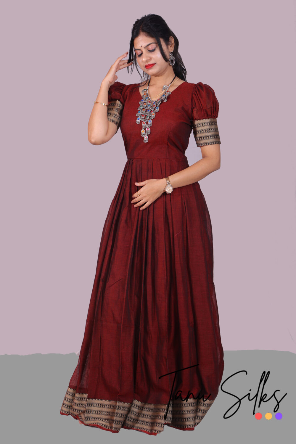 Women Ethnic Lavared and Black Cotton Gowns