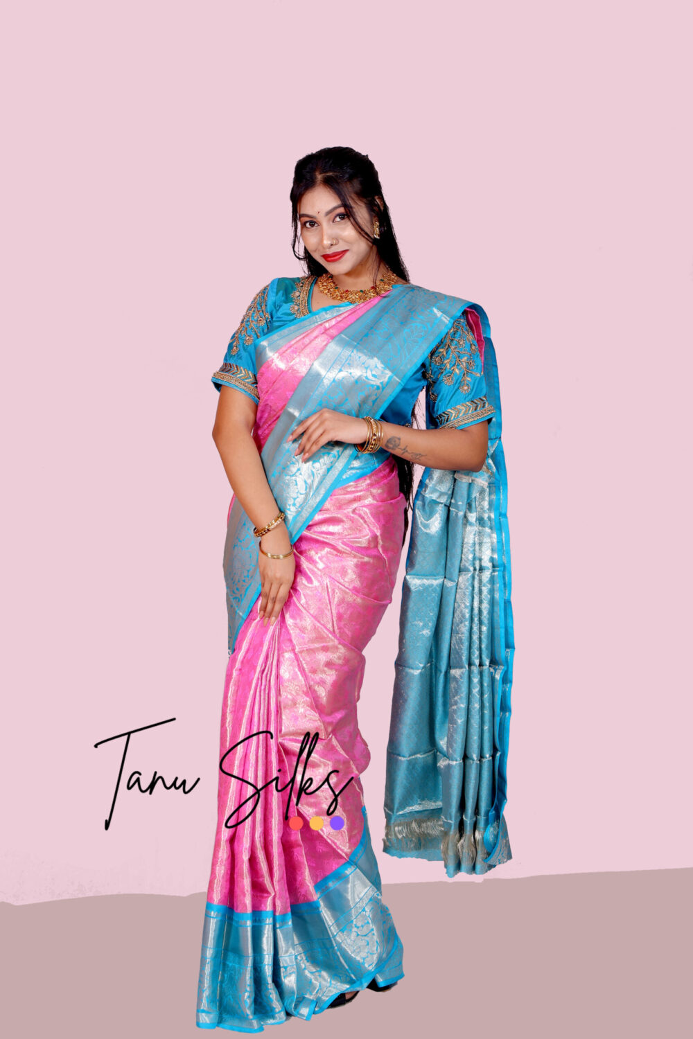 Pure kanjeevaram silk with Rosy pink - Sky blue - Image 3