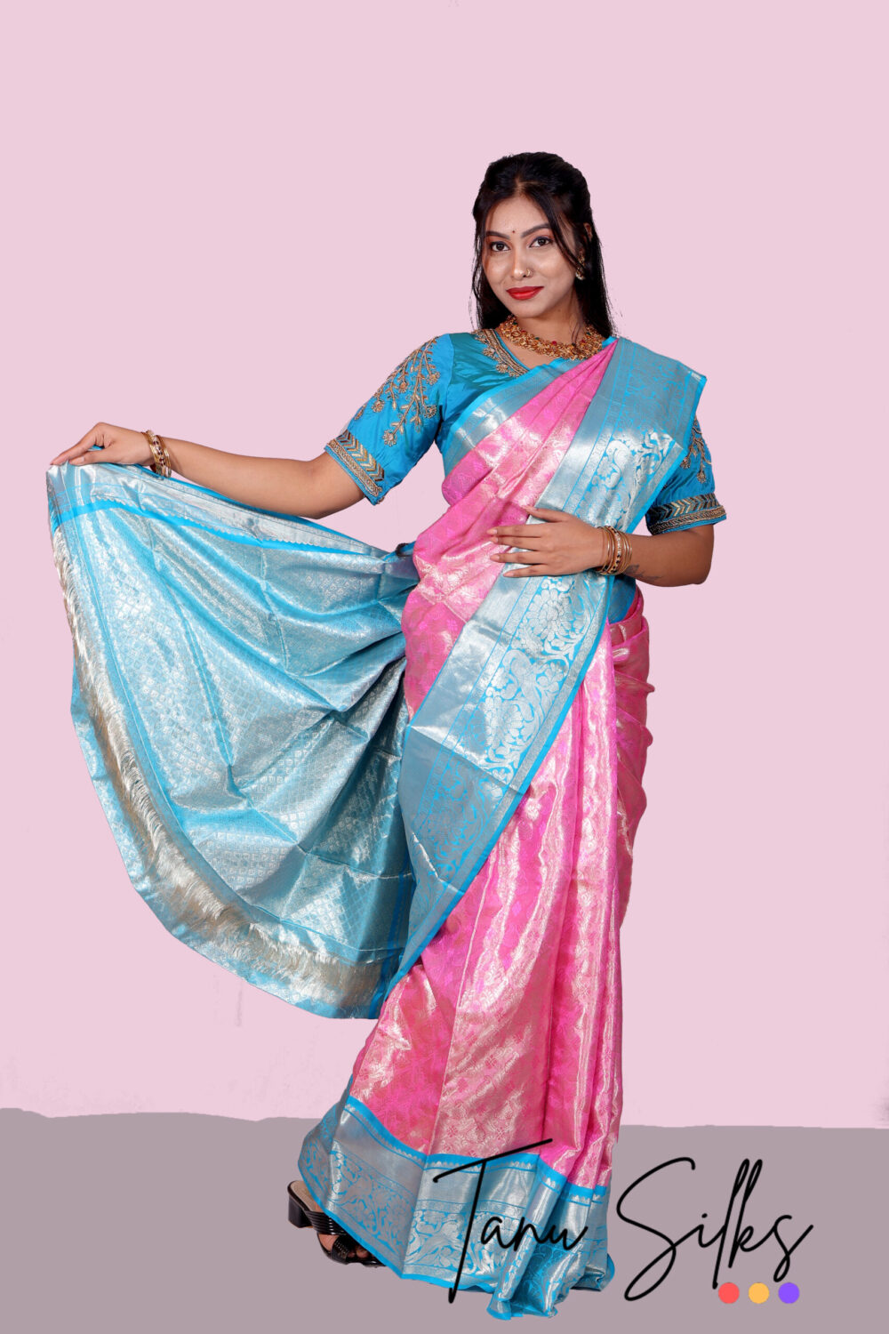 Pure kanjeevaram silk with Rosy pink - Sky blue - Image 4