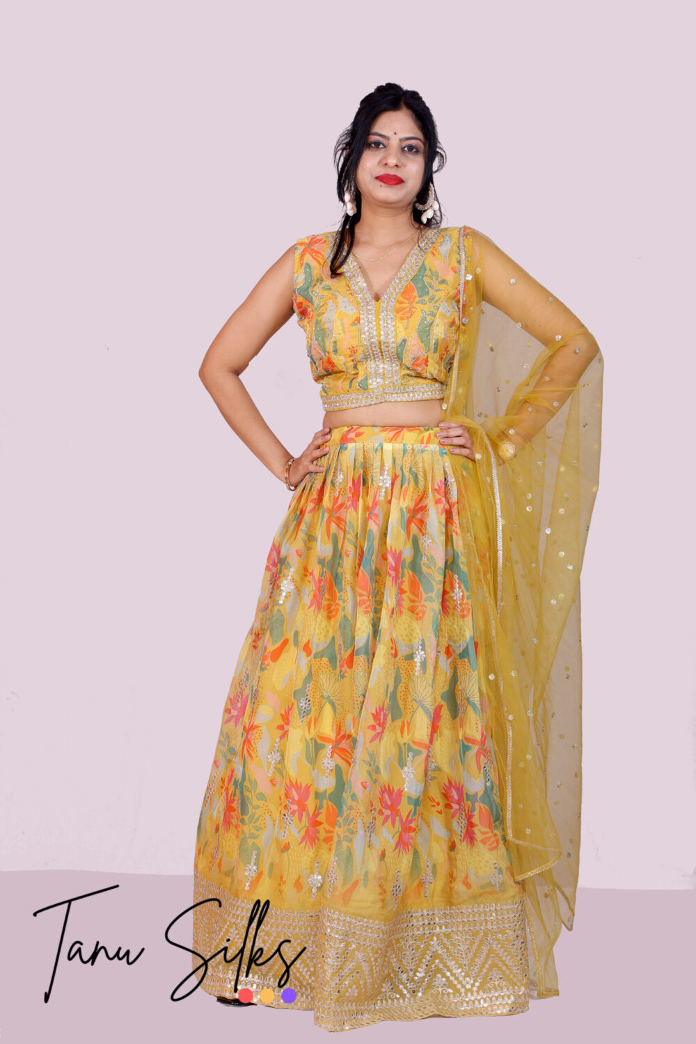 Women Orange Gold Crop Top and Lehenga