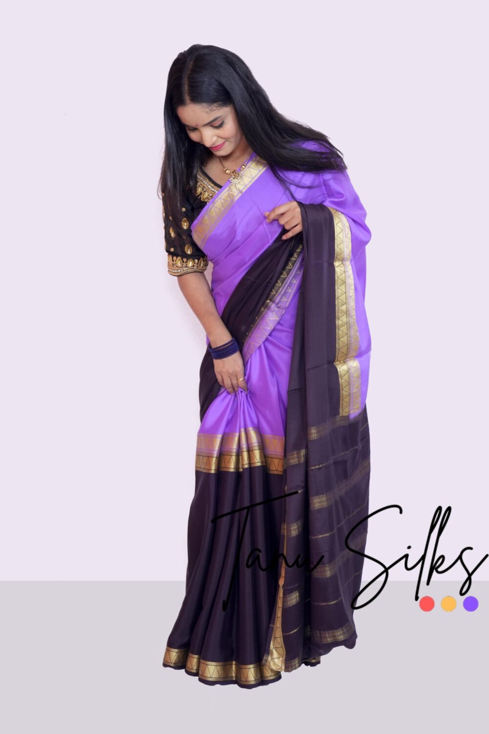 Pure Mysore silk with Light Purple - Black - Image 4