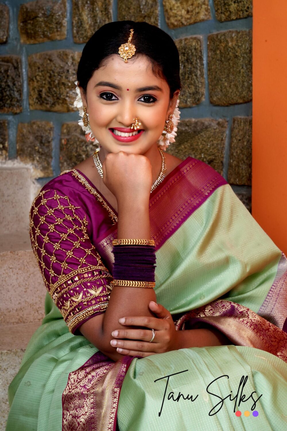 Kanchipuram Silk- Green bark with French plum - Image 5