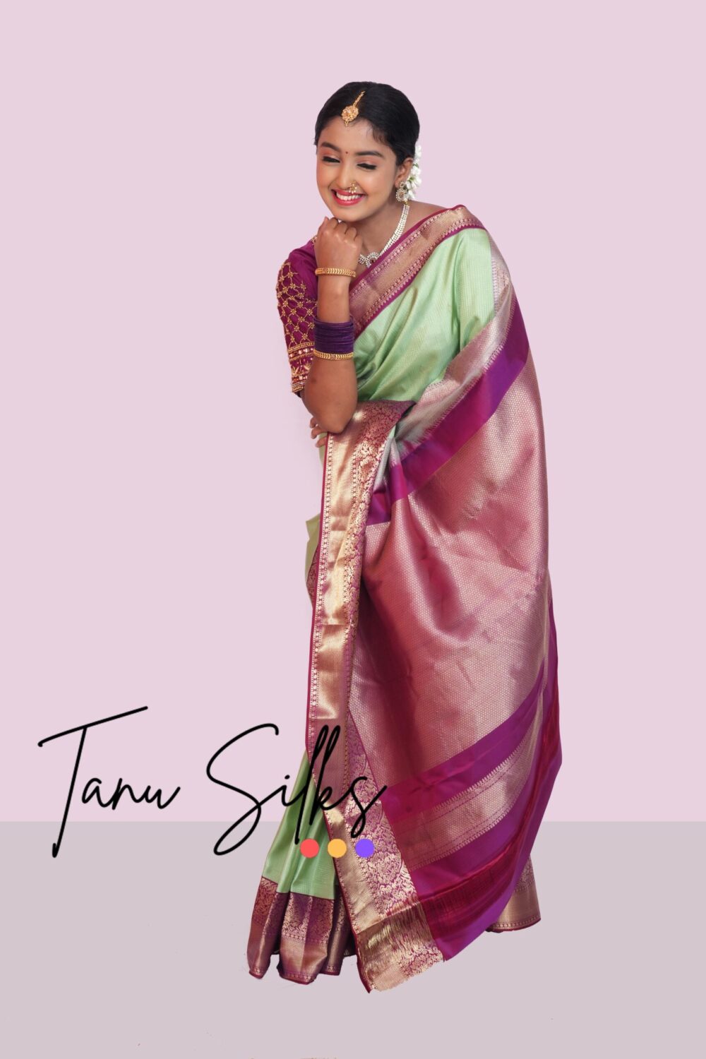 Kanchipuram Silk- Green bark with French plum - Image 7