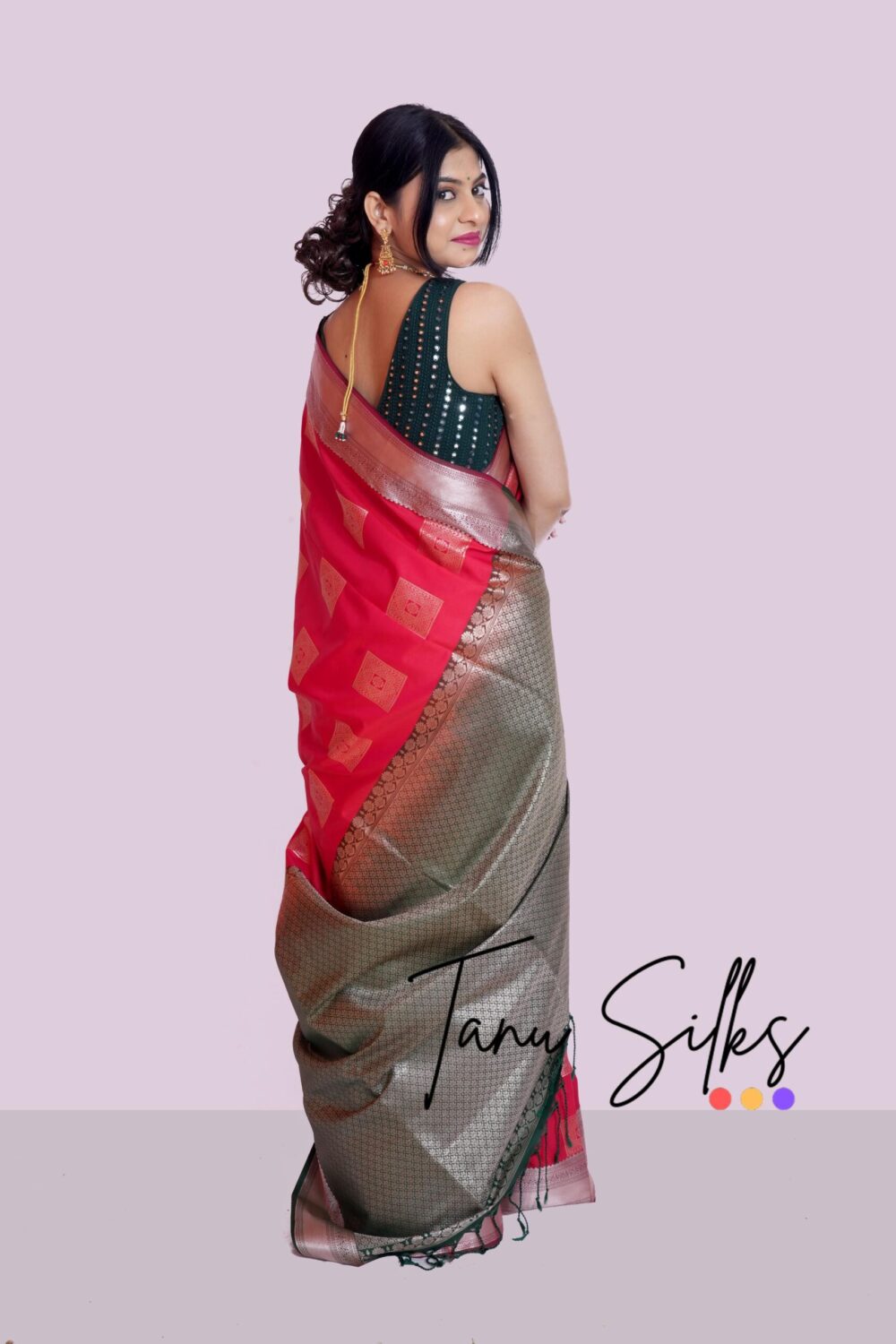 Kanchipuram Silk- Maganese Red with Dark green - Image 3