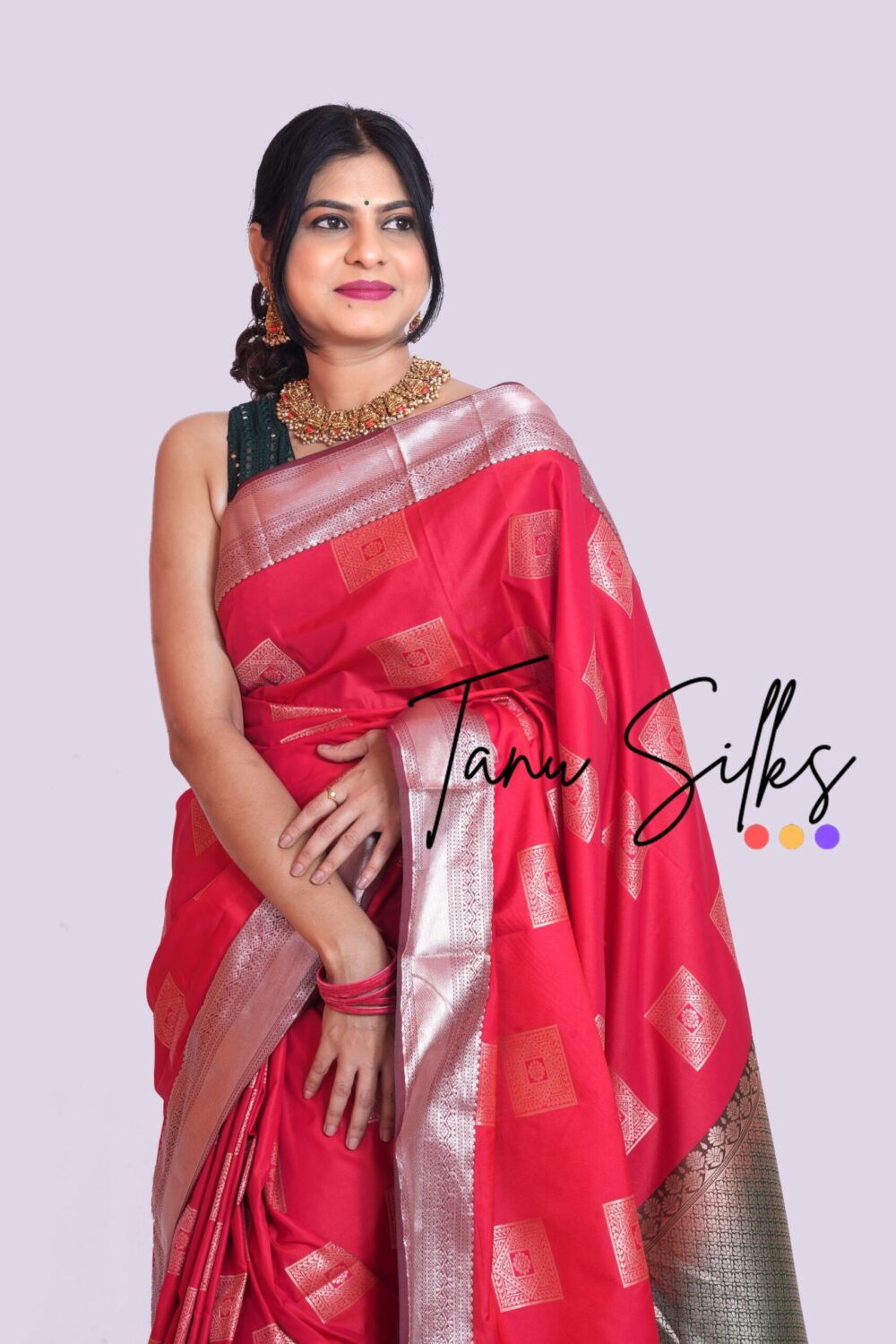 Kanchipuram Silk- Maganese Red with Dark green - Image 5