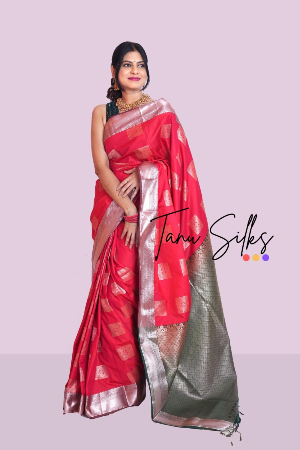 Kanchipuram Silk- Maganese Red with Dark green - Image 6